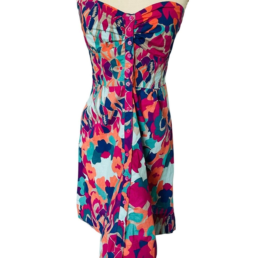 H&M Strapless Mini Dress Bright Pattern Button Front Cotton